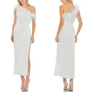 Mac Duggal White Feather Trim One-Shoulder Cocktail Midi Dres